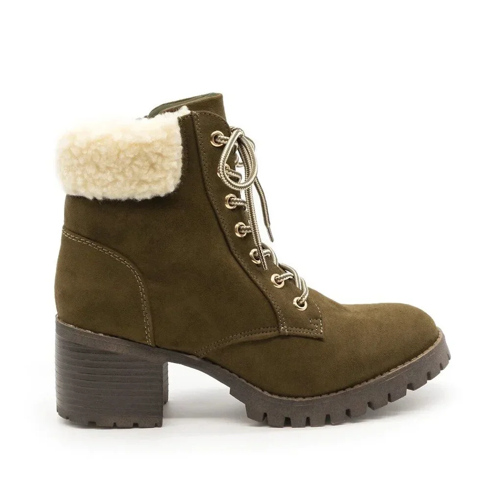 Bamboo Sherpa Cuffed Mucker Combat Ankle Boots | Faux Suede Lace-Up Booties - Picture 5 of 5